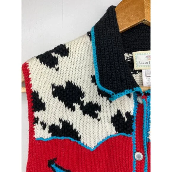 Vintage Susan Bristol Hand Knit Western Vest Red Cow Print Cowboy Womens Medium - Picture 4 of 9